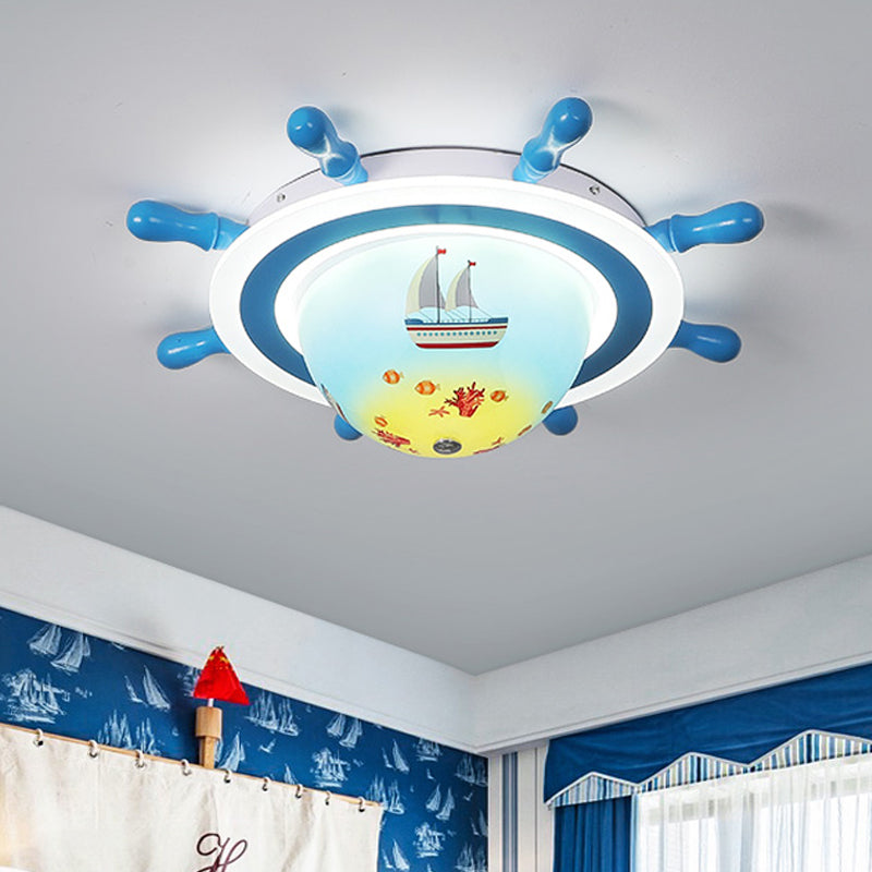 Nautical Rudder Flush Mount Pendant Fixture Acrylic LED Bedroom Ceiling Lighting with Sailboat Pattern in Blue and White Blue-White B Clearhalo 'Ceiling Lights' 'Close To Ceiling Lights' 'Close to ceiling' 'Flush mount' Lighting' 1032266