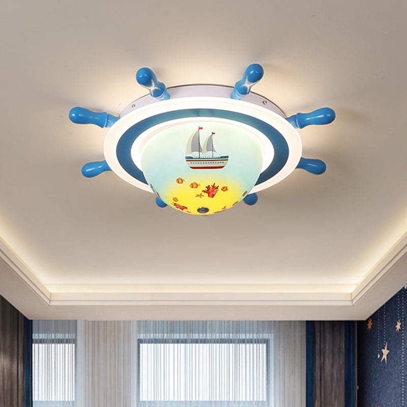 Nautical Rudder Flush Mount Pendant Fixture Acrylic LED Bedroom Ceiling Lighting with Sailboat Pattern in Blue and White Clearhalo 'Ceiling Lights' 'Close To Ceiling Lights' 'Close to ceiling' 'Flush mount' Lighting' 1032267