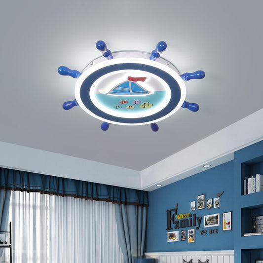 Nautical Rudder Flush Mount Pendant Fixture Acrylic LED Bedroom Ceiling Lighting with Sailboat Pattern in Blue and White Clearhalo 'Ceiling Lights' 'Close To Ceiling Lights' 'Close to ceiling' 'Flush mount' Lighting' 1032272