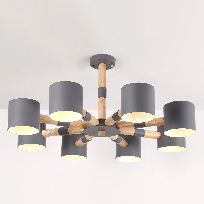Snowflake Hanging Light with Drum Shade Macaron Wood Chandelier for Living Room Clearhalo 'Ceiling Lights' 'Chandeliers' Lighting' options 1032292