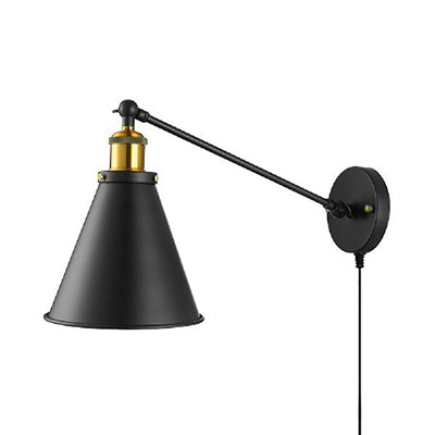 Rotatable Cone Metal Plug In Sconce Lamp with Plug-In Cord Industrial Style 1 Head Bedroom Wall Light in Black Clearhalo 'Art deco wall lights' 'Cast Iron' 'Glass' 'Industrial wall lights' 'Industrial' 'Middle century wall lights' 'Modern' 'Rustic wall lights' 'Tiffany' 'Traditional wall lights' 'Wall Lamps & Sconces' 'Wall Lights' Lighting' 103284