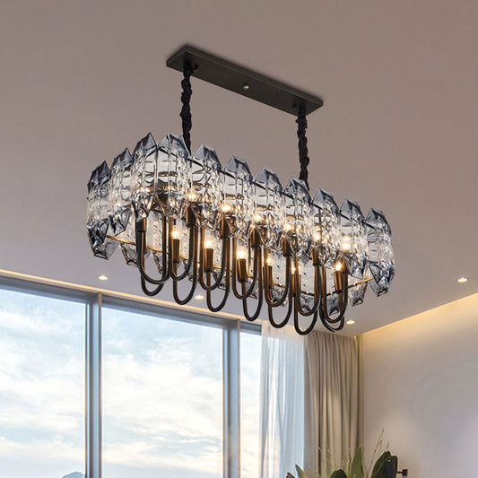 Swirled Arm Island Lighting Idea Simple 14-Head Crystal Flute Hanging Ceiling Light in Black Black Clearhalo 'Ceiling Lights' 'Island Lights' Lighting' 1033605