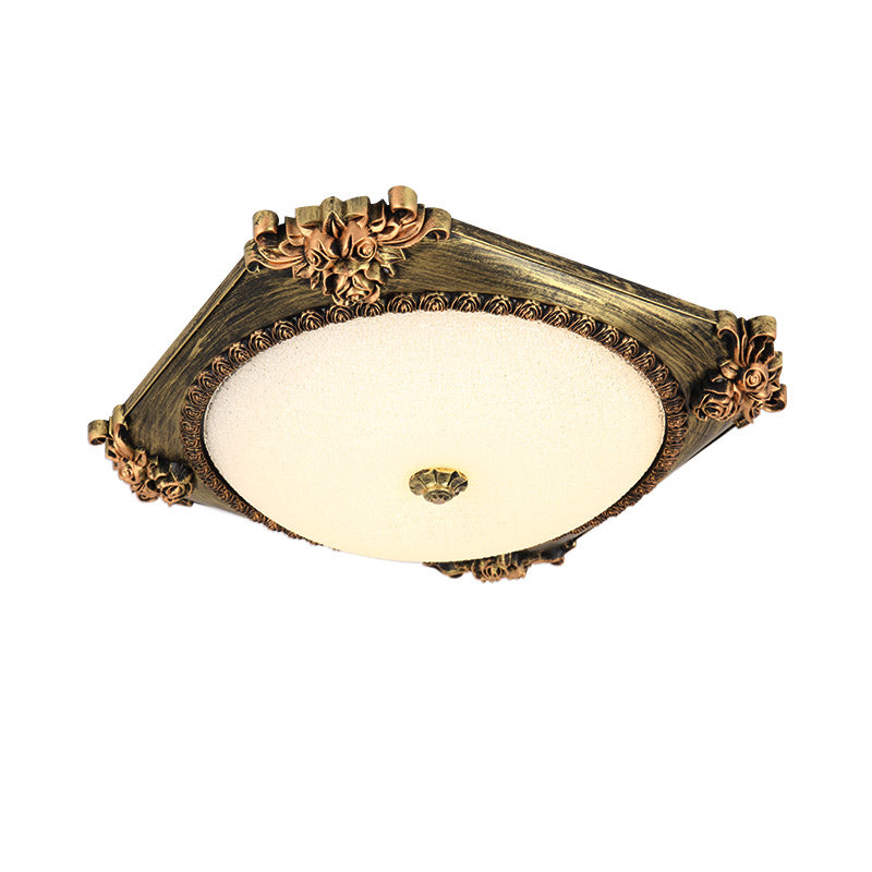 Frosted Glass Bronze/Copper Flush Mount Fixture Square LED Countryside Ceiling Flush with Round Shade Clearhalo 'Ceiling Lights' 'Close To Ceiling Lights' 'Close to ceiling' 'Flush mount' Lighting' 1033796