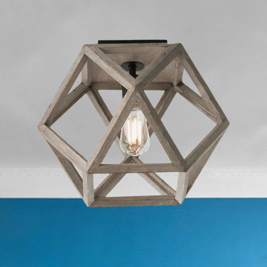 Beige Single Bulb Ceiling Lighting Minimalism Wood Candle-Like Flush Mount Fixture with Pentagon Cage Wood Clearhalo 'Ceiling Lights' 'Close To Ceiling Lights' 'Close to ceiling' 'Flush mount' Lighting' 1033797