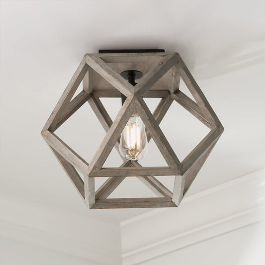 Beige Single Bulb Ceiling Lighting Minimalism Wood Candle-Like Flush Mount Fixture with Pentagon Cage Clearhalo 'Ceiling Lights' 'Close To Ceiling Lights' 'Close to ceiling' 'Flush mount' Lighting' 1033798