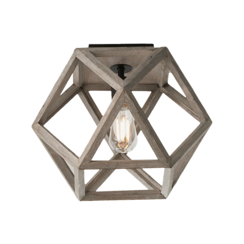 Beige Single Bulb Ceiling Lighting Minimalism Wood Candle-Like Flush Mount Fixture with Pentagon Cage Clearhalo 'Ceiling Lights' 'Close To Ceiling Lights' 'Close to ceiling' 'Flush mount' Lighting' 1033799