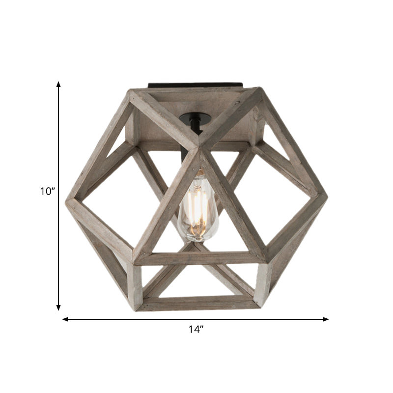 Beige Single Bulb Ceiling Lighting Minimalism Wood Candle-Like Flush Mount Fixture with Pentagon Cage Clearhalo 'Ceiling Lights' 'Close To Ceiling Lights' 'Close to ceiling' 'Flush mount' Lighting' 1033800