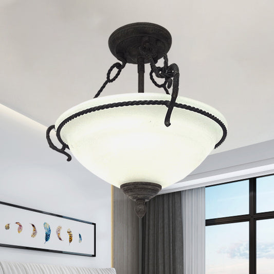 Vintage Bowl Semi-Mount Lighting 3 Lights Cream Glass Flush Chandelier with Rope Detail in Black Black Clearhalo 'Ceiling Lights' 'Close To Ceiling Lights' 'Close to ceiling' 'Semi-flushmount' Lighting' 1033805