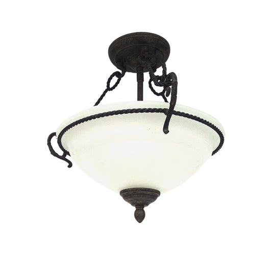 Vintage Bowl Semi-Mount Lighting 3 Lights Cream Glass Flush Chandelier with Rope Detail in Black Clearhalo 'Ceiling Lights' 'Close To Ceiling Lights' 'Close to ceiling' 'Semi-flushmount' Lighting' 1033807