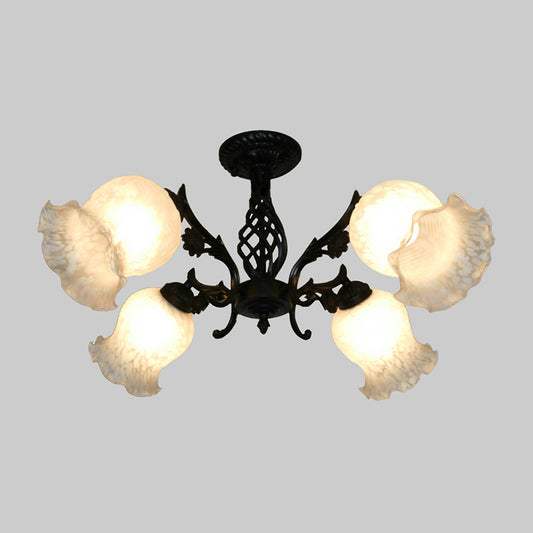 Vintage Blossom Semi-Flush Light 4 Bulbs Opal Glass Flush Chandelier in Black for Study Room Clearhalo 'Ceiling Lights' 'Close To Ceiling Lights' 'Close to ceiling' 'Semi-flushmount' Lighting' 1033819