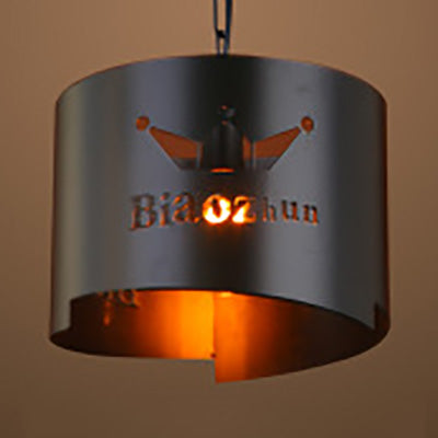 Industrial Drum Hanging Light with Crown Hollow Metallic One Light Black Pendant Light for Bar Black Clearhalo 'Ceiling Lights' 'Pendant Lights' 'Pendants' Lighting' 103389_728153b1-a313-436e-8186-c5f5ff4af249