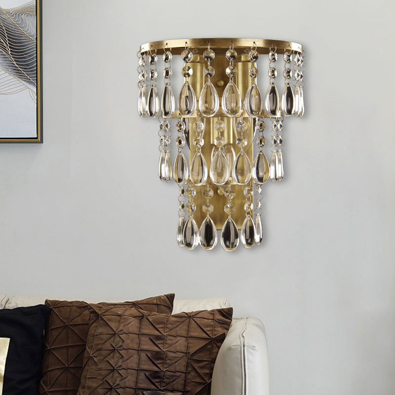 3-Head Crystal Drip Sconce Light Fixture Rustic Brass Layered Bedside Wall Mounted Light Brass Clearhalo 'Wall Lamps & Sconces' 'Wall Lights' Lighting' 1033973