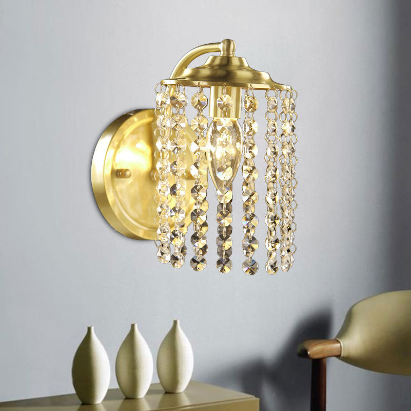 Brass 1 Light Wall Light Sconce Rustic Crystal Bead Cylinder Wall Mount Light Fixture Brass Clearhalo 'Wall Lamps & Sconces' 'Wall Lights' Lighting' 1033985