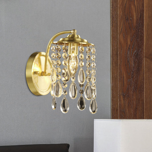 Crystal Teardrop Brass Wall Lighting Idea Cylindrical 1 Bulb Simple Wall Sconce Light for Bedroom Clearhalo 'Wall Lamps & Sconces' 'Wall Lights' Lighting' 1033990