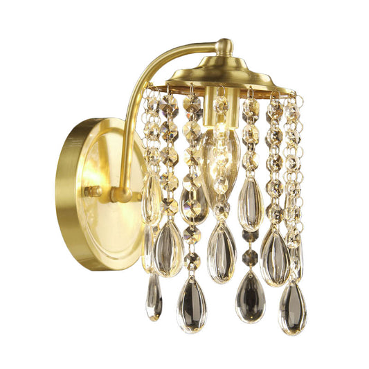 Crystal Teardrop Brass Wall Lighting Idea Cylindrical 1 Bulb Simple Wall Sconce Light for Bedroom Clearhalo 'Wall Lamps & Sconces' 'Wall Lights' Lighting' 1033991