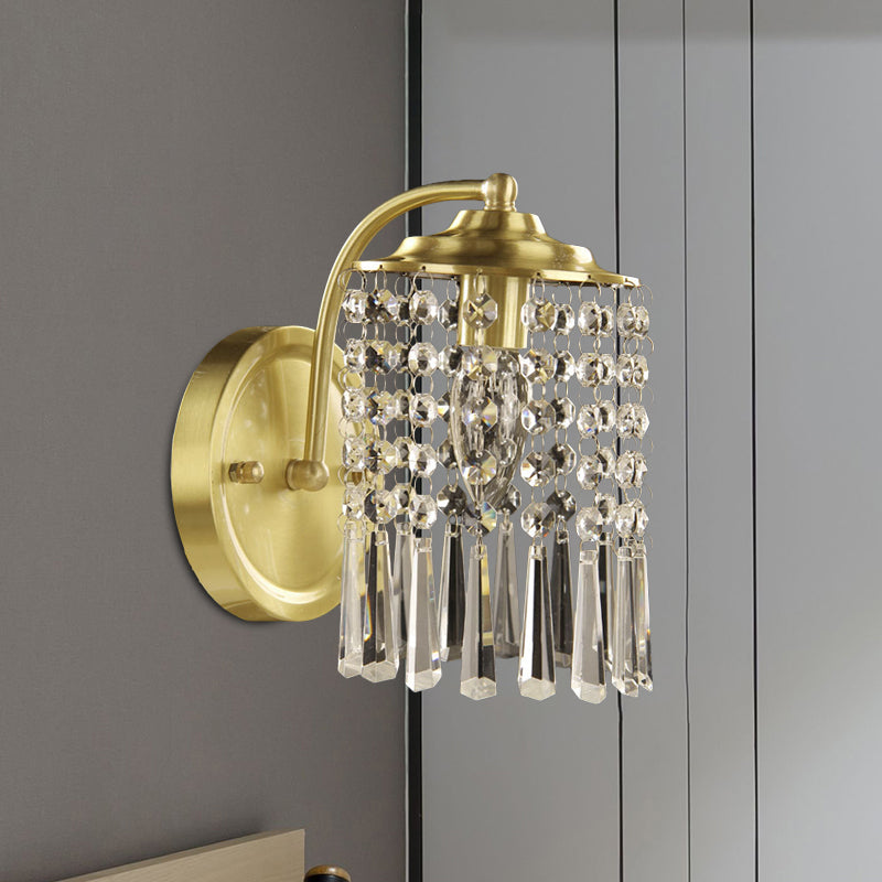 1-Light Crystal Drip Sconce Light Fixture Countryside Brass Cylinder Bedroom Wall Mounted Lighting Brass Clearhalo 'Wall Lamps & Sconces' 'Wall Lights' Lighting' 1033993