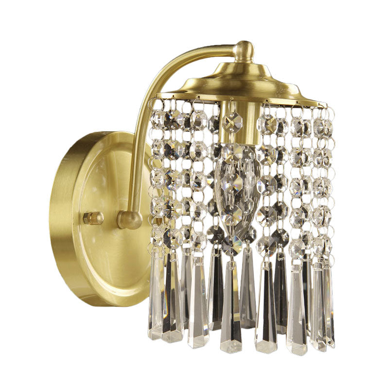 1-Light Crystal Drip Sconce Light Fixture Countryside Brass Cylinder Bedroom Wall Mounted Lighting Clearhalo 'Wall Lamps & Sconces' 'Wall Lights' Lighting' 1033994