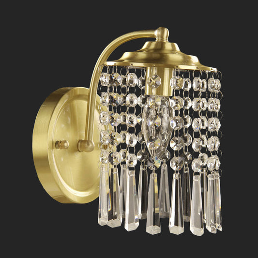 1-Light Crystal Drip Sconce Light Fixture Countryside Brass Cylinder Bedroom Wall Mounted Lighting Clearhalo 'Wall Lamps & Sconces' 'Wall Lights' Lighting' 1033995