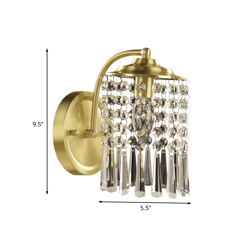 1-Light Crystal Drip Sconce Light Fixture Countryside Brass Cylinder Bedroom Wall Mounted Lighting Clearhalo 'Wall Lamps & Sconces' 'Wall Lights' Lighting' 1033996