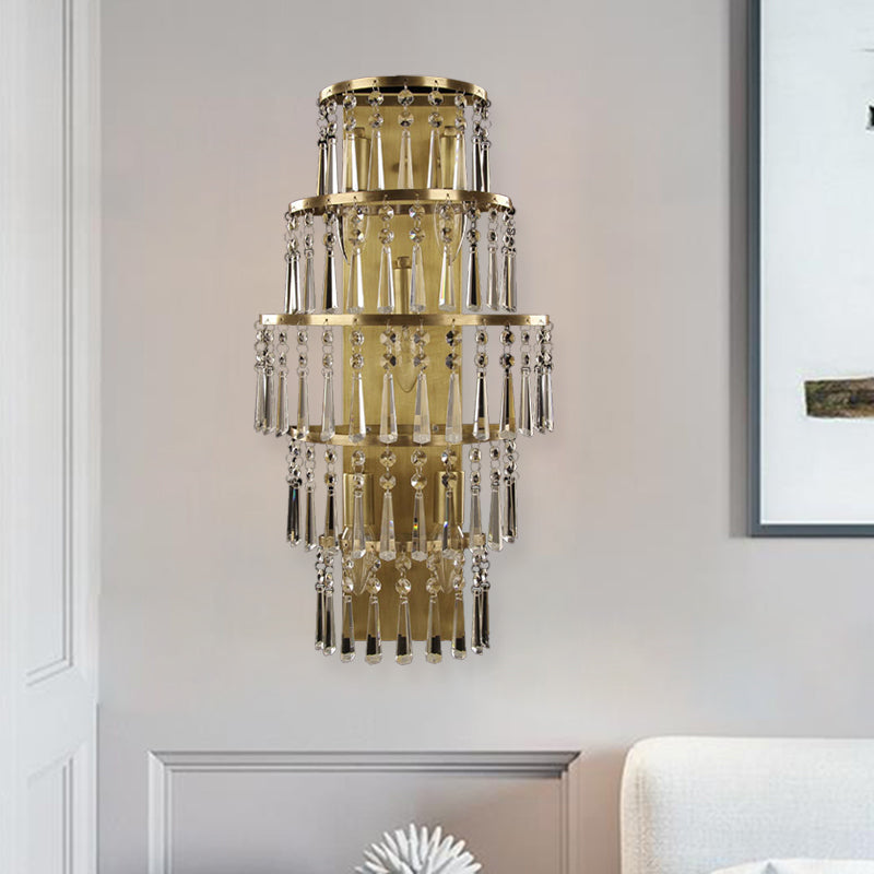 5 Bulbs Tiered Wall Lighting Idea Rustic Brass Crystal Chain Wall Mounted Light Fixture Brass Clearhalo 'Wall Lamps & Sconces' 'Wall Lights' Lighting' 1034021