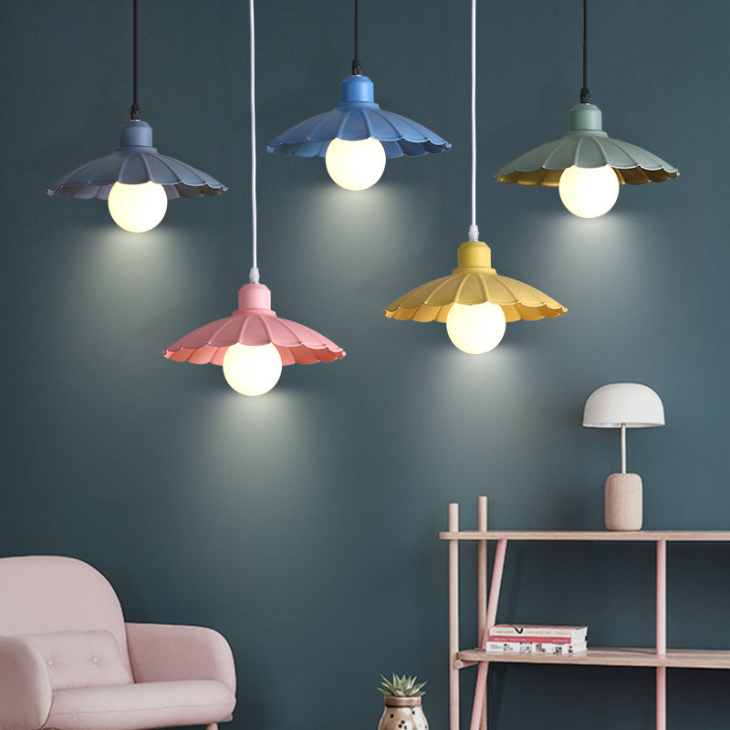 1 Head Pendant Lamp Macaron Style Scalloped Edge Metallic Hanging Lamp in Pink/Yellow for Living Room Clearhalo 'Ceiling Lights' 'Modern Pendants' 'Modern' 'Pendant Lights' 'Pendants' Lighting' 103411