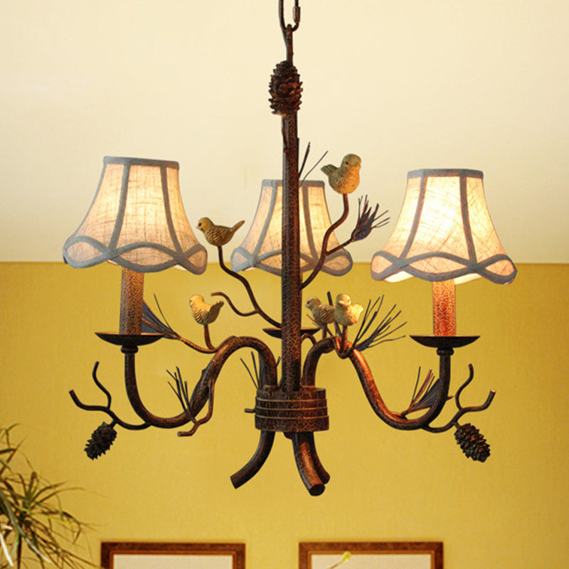 Flared Fabric Hanging Chandelier Rural 3-Light Dining Room Pendant with Bird and Pinecone Decoration in Brown Brown Clearhalo 'Ceiling Lights' 'Chandeliers' Lighting' options 1034163_2ff6f656-d522-4e84-b3ef-f76b294c586f