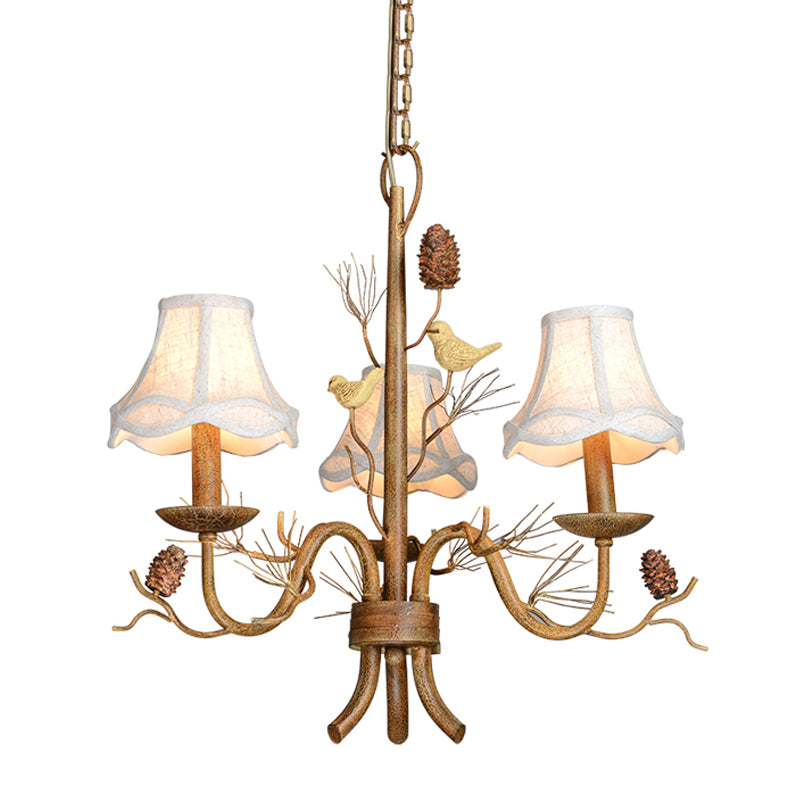 Flared Fabric Hanging Chandelier Rural 3-Light Dining Room Pendant with Bird and Pinecone Decoration in Brown Clearhalo 'Ceiling Lights' 'Chandeliers' Lighting' options 1034164