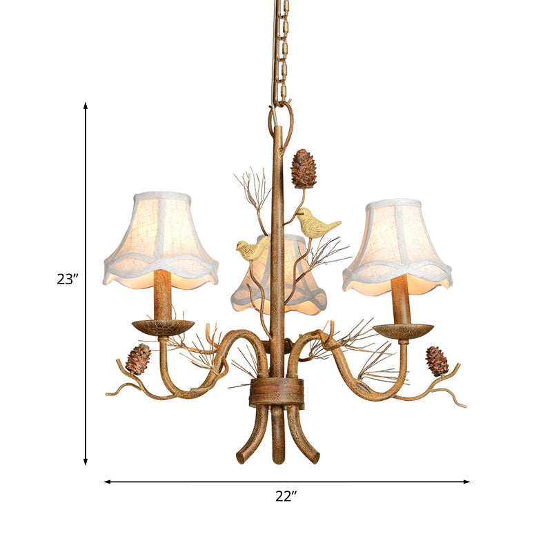 Flared Fabric Hanging Chandelier Rural 3-Light Dining Room Pendant with Bird and Pinecone Decoration in Brown Clearhalo 'Ceiling Lights' 'Chandeliers' Lighting' options 1034166