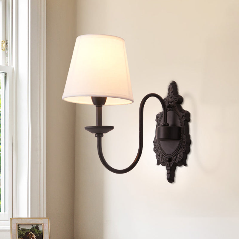 1/2-Head Cone Shade Wall Light Countryside White Fabric Wall Mounted Lighting with Black Wavy Arm 1.0 Black Clearhalo 'Wall Lamps & Sconces' 'Wall Lights' Lighting' 1034167