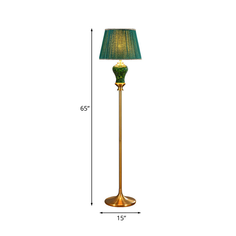 Plated Fabric Green Floor Lighting Tapered Drum 1 Bulb Country Style Stand Up Lamp with Ceramic Pot Decor Clearhalo 'Floor Lamps' 'Lamps' Lighting' 1034187