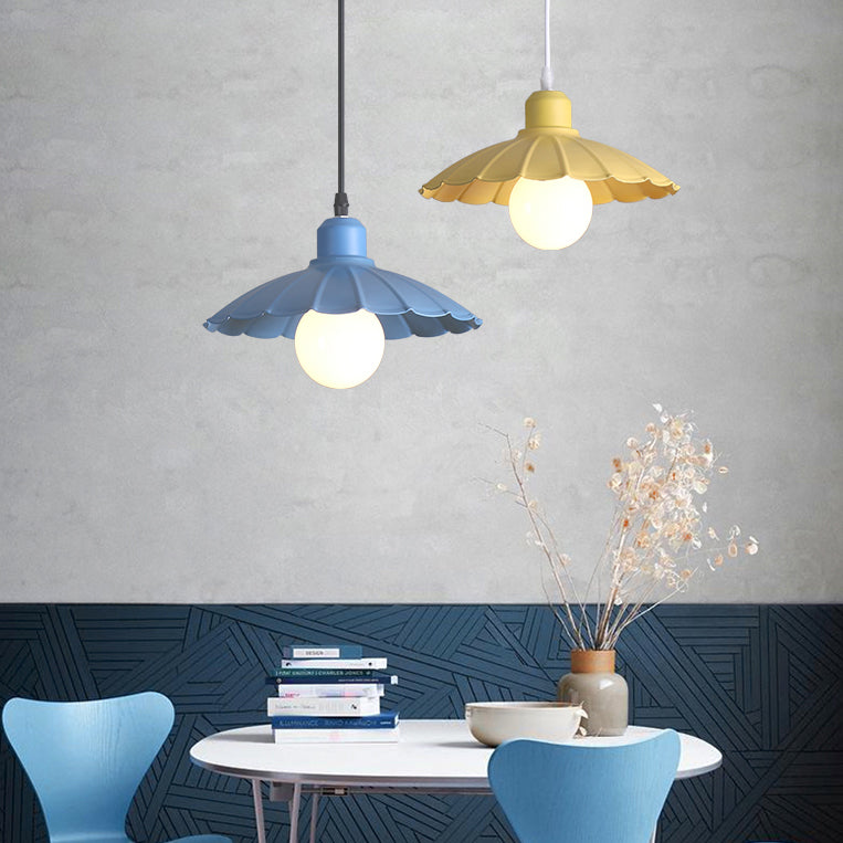 1 Head Pendant Lamp Macaron Style Scalloped Edge Metallic Hanging Lamp in Pink/Yellow for Living Room Clearhalo 'Ceiling Lights' 'Modern Pendants' 'Modern' 'Pendant Lights' 'Pendants' Lighting' 103428