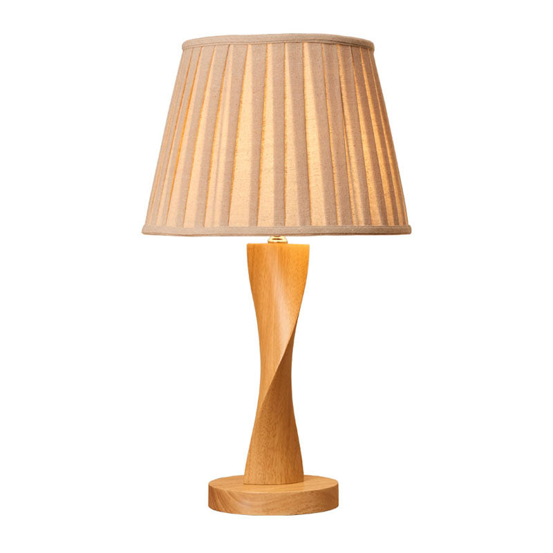 Wood Twisted Night Lamp Cottage 1 Light Living Room Table Lighting with Conic Fabric Shade in Beige/Grey/Flaxen Clearhalo 'Lamps' 'Table Lamps' Lighting' 1034298