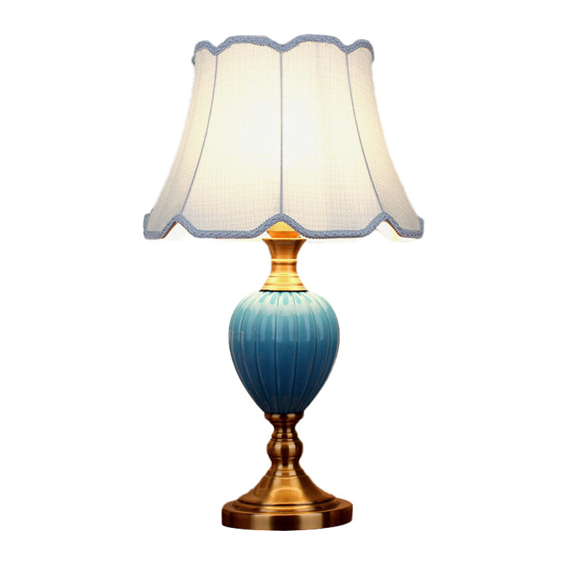 1-Light Scalloped/Tapered Night Lamp Retro Sky Blue/Light Blue Pleated/Paneled Fabric Table Lighting with Droplet Ceramic Base Clearhalo 'Lamps' 'Table Lamps' Lighting' 1034318