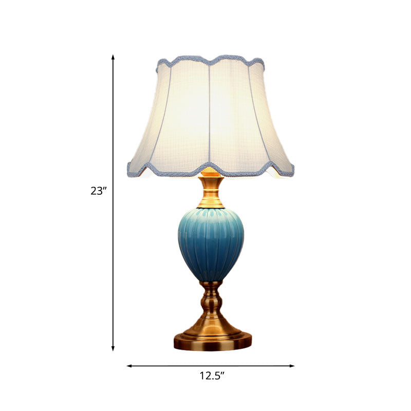 1-Light Scalloped/Tapered Night Lamp Retro Sky Blue/Light Blue Pleated/Paneled Fabric Table Lighting with Droplet Ceramic Base Clearhalo 'Lamps' 'Table Lamps' Lighting' 1034319