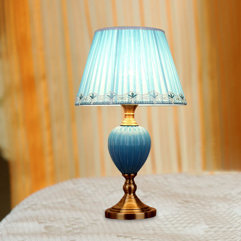 1-Light Scalloped/Tapered Night Lamp Retro Sky Blue/Light Blue Pleated/Paneled Fabric Table Lighting with Droplet Ceramic Base Clearhalo 'Lamps' 'Table Lamps' Lighting' 1034322