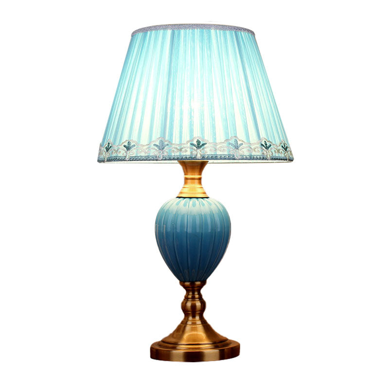 1-Light Scalloped/Tapered Night Lamp Retro Sky Blue/Light Blue Pleated/Paneled Fabric Table Lighting with Droplet Ceramic Base Clearhalo 'Lamps' 'Table Lamps' Lighting' 1034323