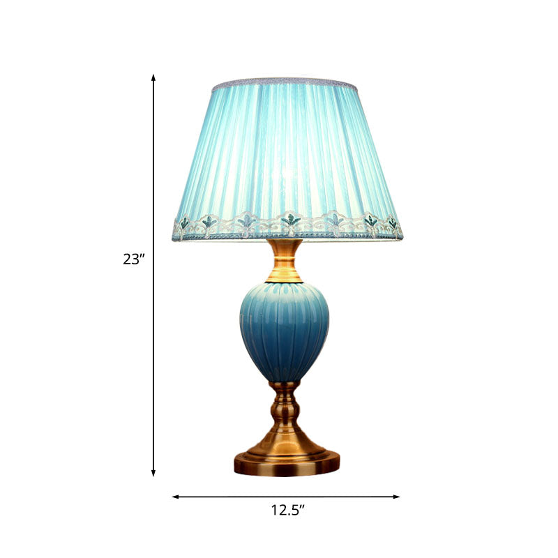 1-Light Scalloped/Tapered Night Lamp Retro Sky Blue/Light Blue Pleated/Paneled Fabric Table Lighting with Droplet Ceramic Base Clearhalo 'Lamps' 'Table Lamps' Lighting' 1034324