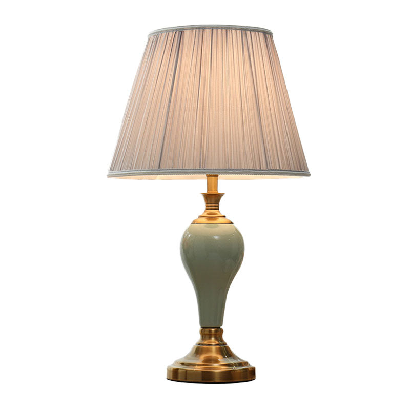 Ceramic Urn Table Lighting Vintage 1 Bulb Bedside Nightstand Light in Aqua/Beige/Silver Grey with Tapered Fabric Shade Clearhalo 'Lamps' 'Table Lamps' Lighting' 1034332