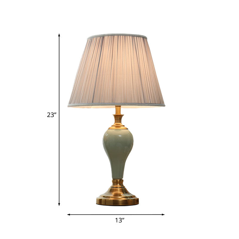 Ceramic Urn Table Lighting Vintage 1 Bulb Bedside Nightstand Light in Aqua/Beige/Silver Grey with Tapered Fabric Shade Clearhalo 'Lamps' 'Table Lamps' Lighting' 1034333