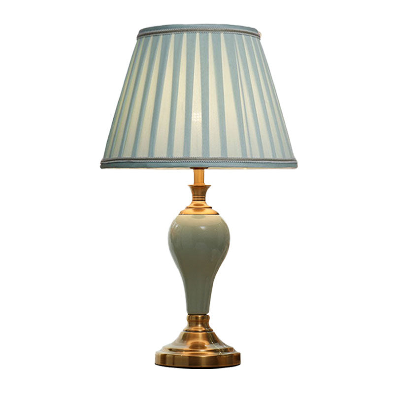Ceramic Urn Table Lighting Vintage 1 Bulb Bedside Nightstand Light in Aqua/Beige/Silver Grey with Tapered Fabric Shade Clearhalo 'Lamps' 'Table Lamps' Lighting' 1034337