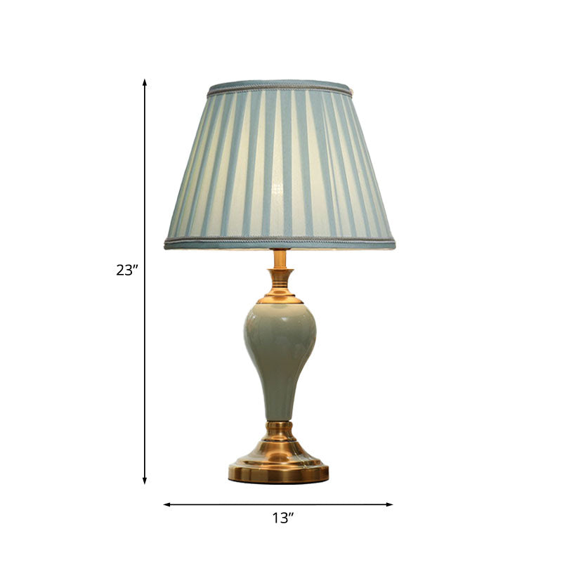Ceramic Urn Table Lighting Vintage 1 Bulb Bedside Nightstand Light in Aqua/Beige/Silver Grey with Tapered Fabric Shade Clearhalo 'Lamps' 'Table Lamps' Lighting' 1034338