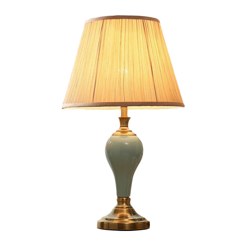Ceramic Urn Table Lighting Vintage 1 Bulb Bedside Nightstand Light in Aqua/Beige/Silver Grey with Tapered Fabric Shade Clearhalo 'Lamps' 'Table Lamps' Lighting' 1034342