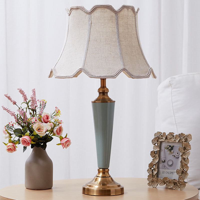 Scalloped-Edge Flared Fabric Night Light Traditional 1 Bulb Dining Room  Table Lamp in Green