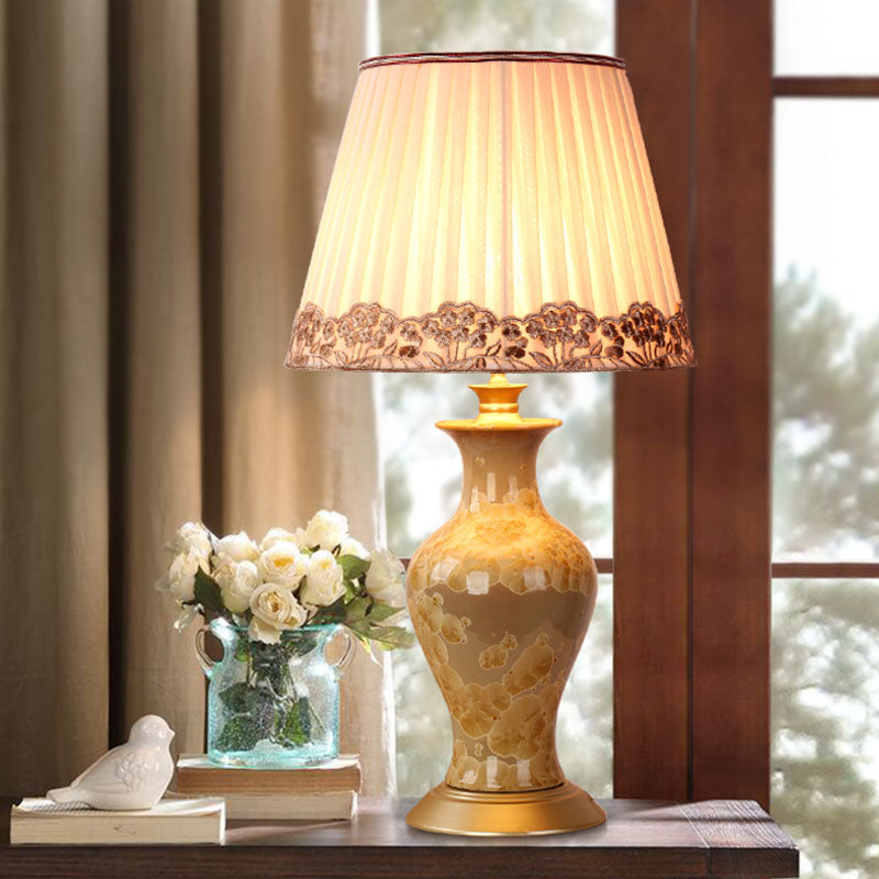 Beige Urn Night Light Rustic Ceramic 1 Head Living Room Table Lighting with Pleated Fabric Shade Beige Clearhalo 'Lamps' 'Table Lamps' Lighting' 1034376