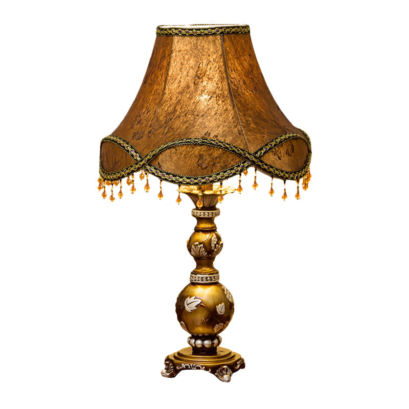 1-Light Scalloped Bell Table Lamp Traditional Brown Fabric Nightstand Light, 13"/16" Width Clearhalo 'Lamps' 'Table Lamps' Lighting' 1034390