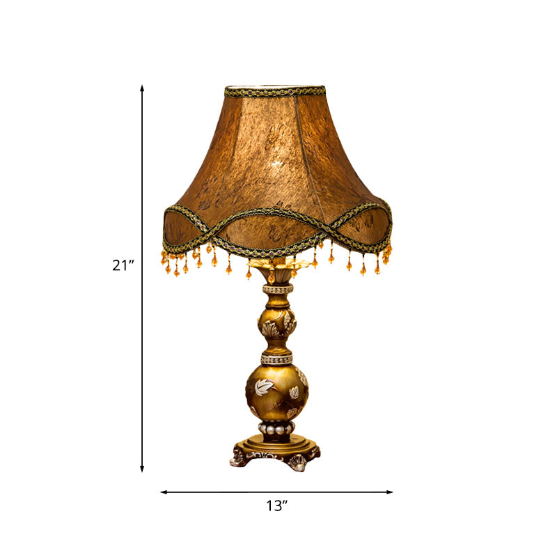 1-Light Scalloped Bell Table Lamp Traditional Brown Fabric Nightstand Light, 13"/16" Width Clearhalo 'Lamps' 'Table Lamps' Lighting' 1034391