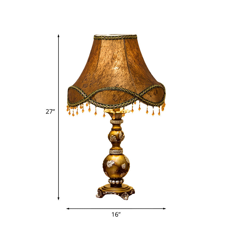 1-Light Scalloped Bell Table Lamp Traditional Brown Fabric Nightstand Light, 13"/16" Width Clearhalo 'Lamps' 'Table Lamps' Lighting' 1034392