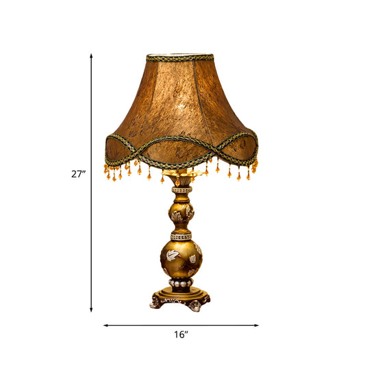 1-Light Scalloped Bell Table Lamp Traditional Brown Fabric Nightstand Light, 13"/16" Width Clearhalo 'Lamps' 'Table Lamps' Lighting' 1034392