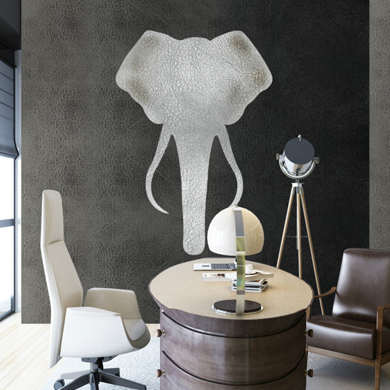 Stain-Resistant Elephant Nose Wall Art Non-Woven Material Wall Mural for Home Decoration in Grey and Black Black-Gray Clearhalo 'Wall Decor' 'Wall Mural' 1036118