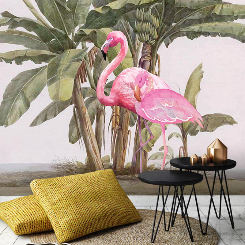 Bird and Flamingo Mural Wallpaper for Girl's Bedroom Decoration, Pink and Green, Made to Measure Pink-Green Clearhalo 'Wall Decor' 'Wall Mural' 1036149